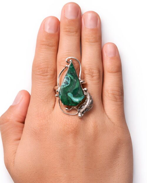 Anillo Plata Malaquita Gota y Pluma